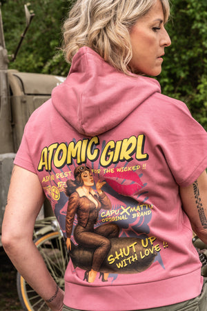 Sweat Hoodie Manches Courtes Atomic Girl – Femme Rose | Capu Mattu Original Brand